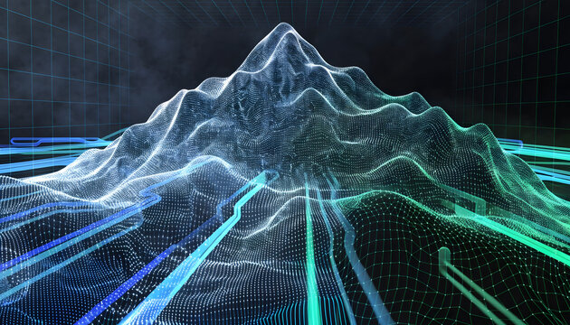 Digital glowing mountain wireframe mesh. Big data topography and network flow. Cyber landscape visualising internet traffic and financial data