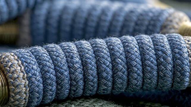 Close-up of braided textile with blue tones, showcasing intricate weaving patterns.