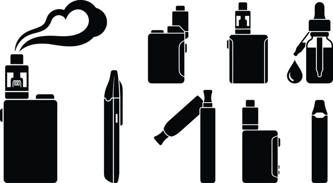 Electronic cigarette and vaping device vector icons set featuring box mods vape pens liquid droppers and smoke clouds