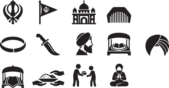 Sikhism culture and religious symbols vector icon set.