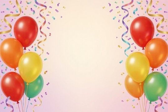 Symmetrical digital illustration with colorful balloons and confetti framing a clean, light pink central area for text, perfect for party invitations or banners.
