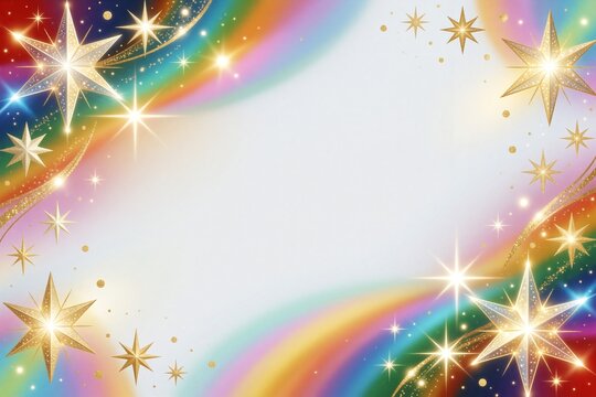 Vibrant festive illustration with sparkling stars framing a light background featuring soft rainbow gradients and golden glow for luxury event promotions.
