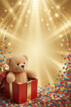 A fluffy teddy bear sits in a red gift box adorned with gold ribbons, surrounded by colorful confetti against a radiant golden background.
