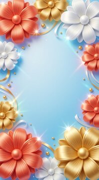 Vibrant coral, gold, and white volumetric flowers border an airy blue background with shimmering accents.