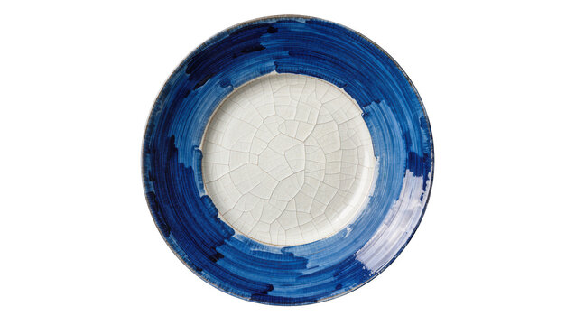 Round ceramic plate with blue brushstroke rim and cracked white center, isolated on transparent background