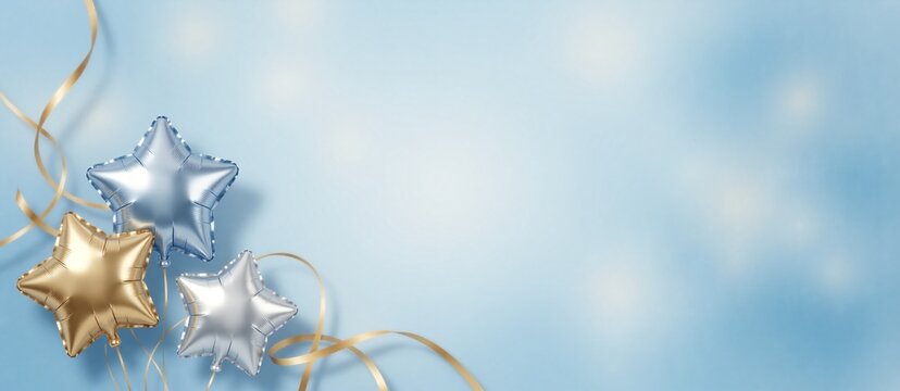 Three metallic star balloons and gold ribbons floating against a soft blue sky background.