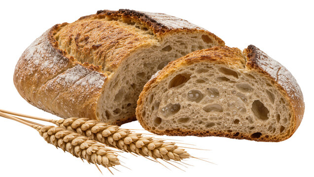 Artisan sourdough bread loaf with two wheat stalks, isolated on transparent background