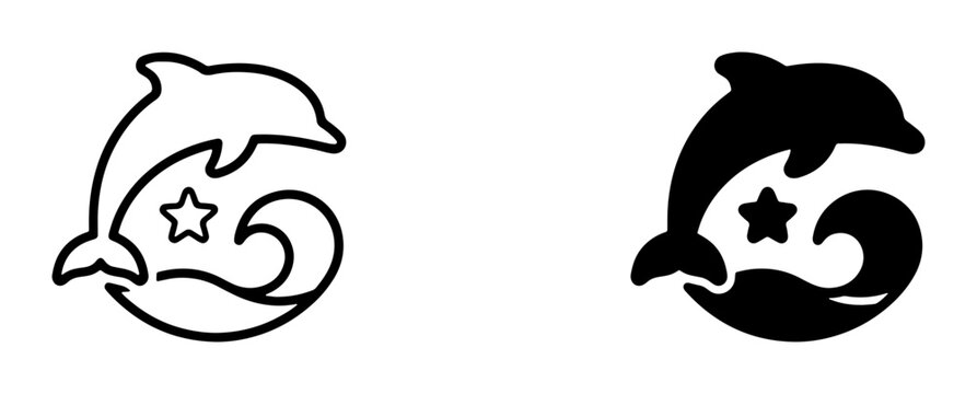 Dolphin Jumping Over Wave Icon, Marine Life Silhouette, Ocean Star Symbol, Nautical Vector Art, Aquatic Animal Graphic