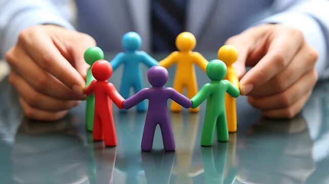 A in a suit holding a circle of colorful plastic human figurines on a reflective table representing team unity and collaboration