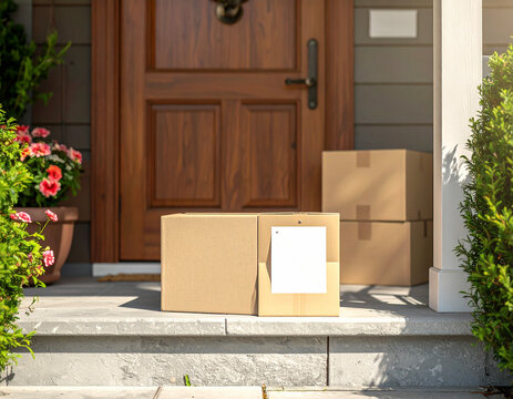 Organized package delivery boxes and blank notice at a front doorstep