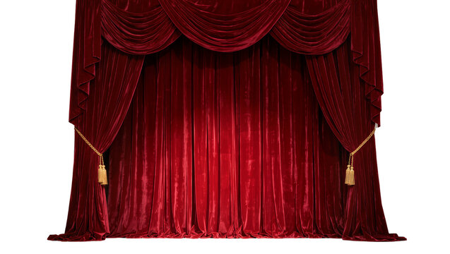 Luxurious red velvet theater curtains with gold tassels, isolated on transparent background