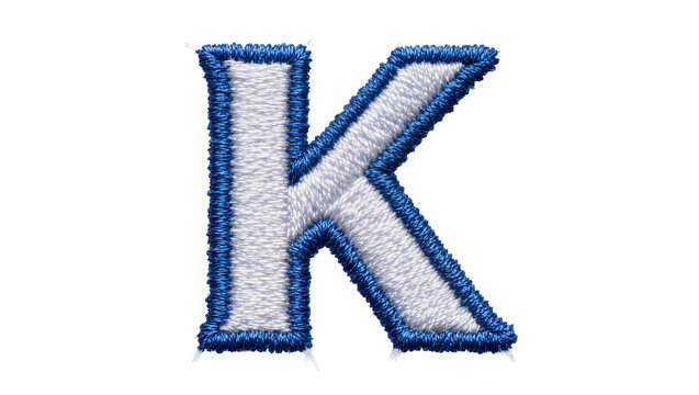 Embroidered letter K with blue trim, isolated on transparent background
