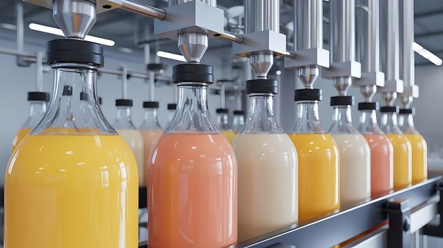 Automated industrial bottling line filling glass bottles with colorful fruit juices and dairy drinks in a modern food processing manufacturing plant
