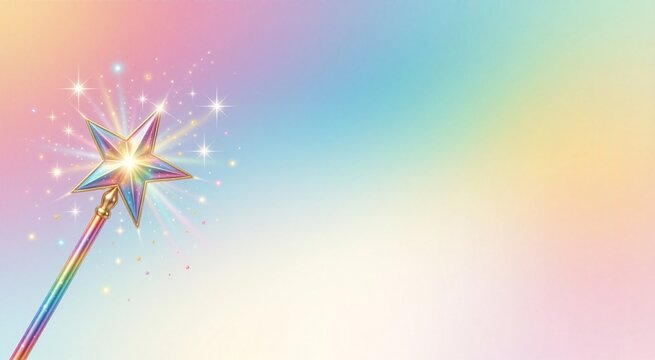 A sparkling, iridescent magic wand with a star tip floats against a soft pastel gradient background, conveying a light and airy success theme.