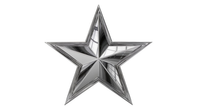 Polished chrome five-pointed star with reflective facets, isolated on transparent background