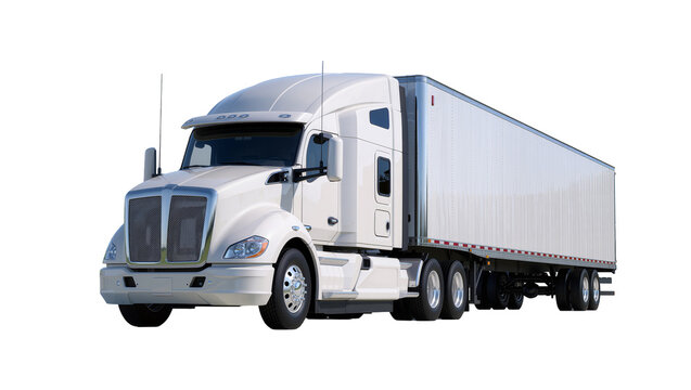 White semi-truck tractor with a long refrigerated trailer, isolated on transparent background