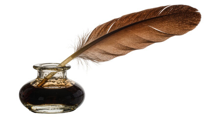 Brown quill feather dipping into dark ink in a glass inkwell, isolated on transparent background © Maria
