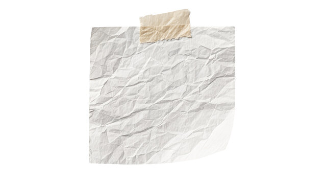 Crinkled white paper note secured with beige tape, isolated on transparent background