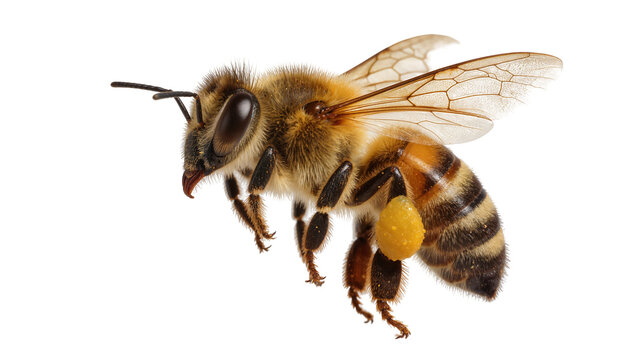 Fuzzy honey bee with pollen sac on leg, isolated on transparent background