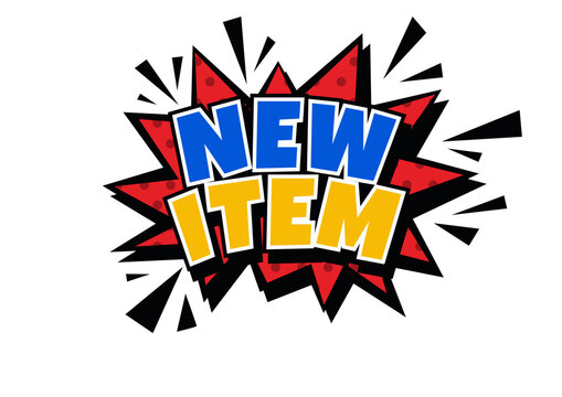 Explosive comic-style burst graphic declares new items.