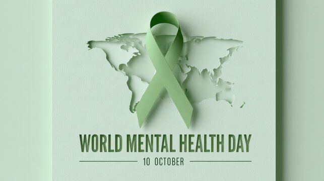 World Mental Health Day green ribbon on a mint paper cut world map