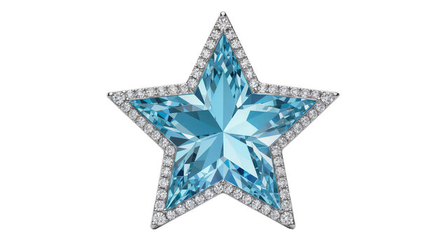 Sparkling aquamarine star gemstone surrounded by tiny diamonds, isolated on transparent background