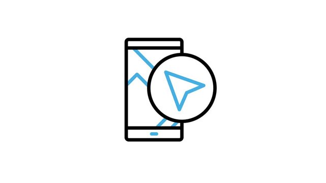 Navigation directions via smartphone icon animation. Digital technology global positioning system arrow animated video for map, location, road, guide, route, place destination. Motion graphics