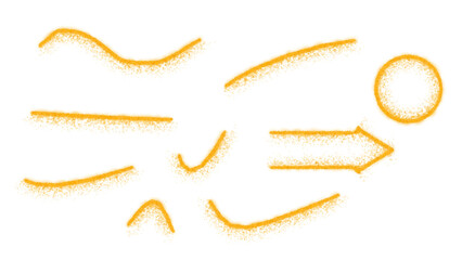Yellow textured grunge brush strokes, lines, arrow, checkmark, circle. © MD Faridul
