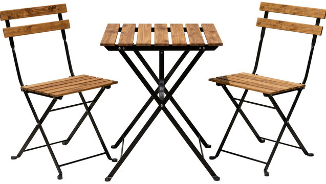 Wooden slatted bistro table and chairs set, isolated on transparent background