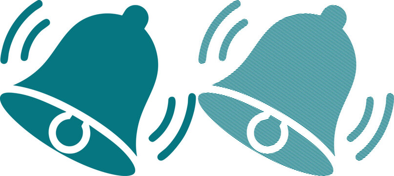 Two teal ringing bells, one solid and one with diagonal line pattern on white background d