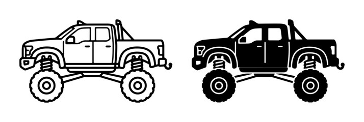 Monster Truck Icons, Lifted Pickup Vector Graphics, Off-Road Vehicle Silhouettes, Two-Tone Design for Automotive Themes © Riadul