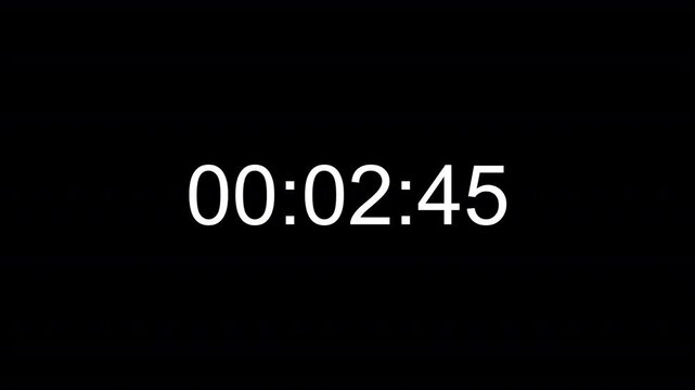 three Minute Countdown Timer Animation, Digital Countdown on black background with alpha channel.