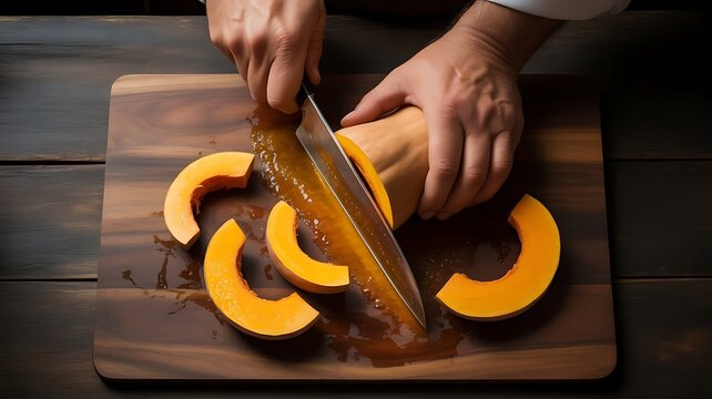Chef hands slicing fresh orange butternut squash on a wooden cutting board in a kitchen for healthy autumn vegetable cooking preparation