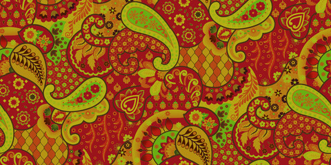 Textile Tresing Design All Over Flowers Design Pattern Background Abstract  Design Seamless repeating pattern with paisley motifs placed at different angles, balanced by smaller floral elements and fi © Venkatsai