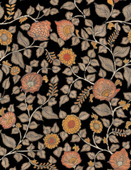 kalmkari seamless all over pattern Decorative floral and botanical textile pattern with intricate hand-drawn flowers, leaves, and traditional ornamental motifs arranged on a vibrant pink background. S © Venkatsai
