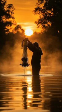 Fisherman lifting cast net out of calm river, traditional angling silhouette standing inside misty morning water, summer sunrise recreation hobby, golden lake reflection backdrop.