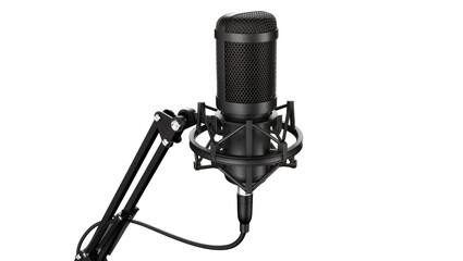 Black condenser microphone on adjustable boom arm stand, isolated on transparent background © Maria