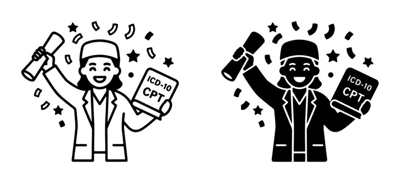 Medical Graduation Celebration, Doctor Holding Diploma and ICD-10 CPT Book, Confetti and Stars, Vector Icons