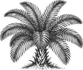 Obraz premium Black and white illustration of a palm tree with detailed leaves and textured trunk