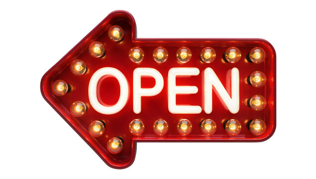 Red arrow shaped neon sign with OPEN text illuminated by bulbs, isolated on transparent background