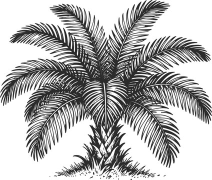 Black and white illustration of a palm tree with detailed leaves and textured trunk