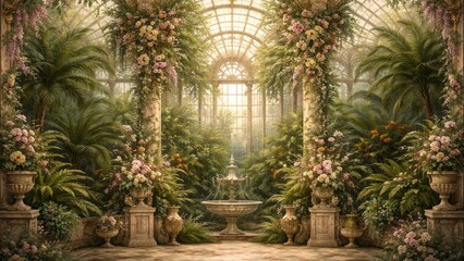 Fototapeta premium Lush greenhouse with ornate fountain.