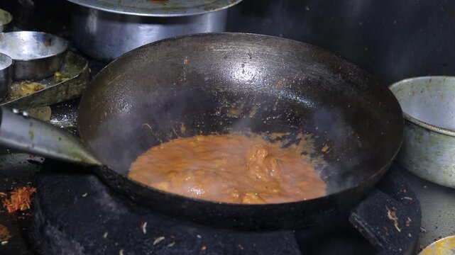 Traditional Indian Street Food Cooking in a Kadhai.
