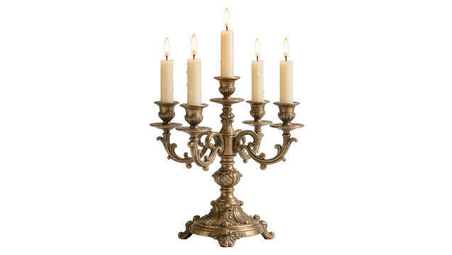 Ornate brass candelabra with five lit cream candles, isolated on transparent background