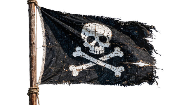 Tattered black pirate flag with skull and crossbones, isolated on transparent background