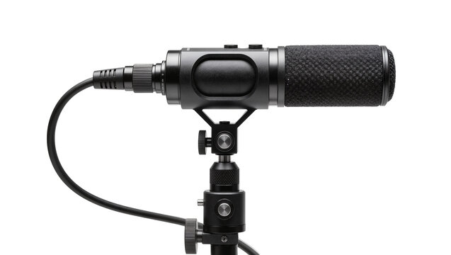 Black studio microphone with textured grille and cable, isolated on transparent background