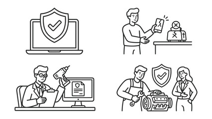 Fototapeta premium Set of Icons for Protection and Repair Services: A collection of four line art icons illustrating cybersecurity, device repair, professional consultation, and mechanical service.