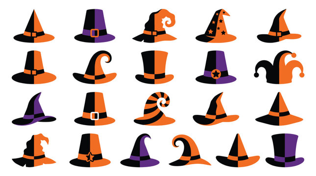 Colorful vector illustration featuring diverse Halloween witch hats in spooky orange and purple tones for graphic design projects