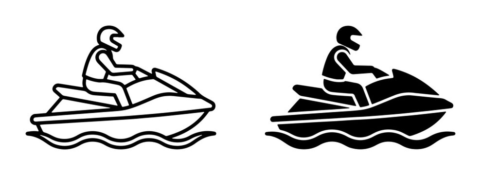 Jet Ski Icons, Personal Watercraft Vector Graphics, Water Sports Symbols, Summer Recreation, Outline and Silhouette Designs