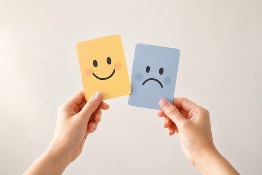 Duality of Emotion: Hands hold two cards, one displaying a bright yellow smiley face radiating happiness, the other a melancholic blue face expressing sadness.